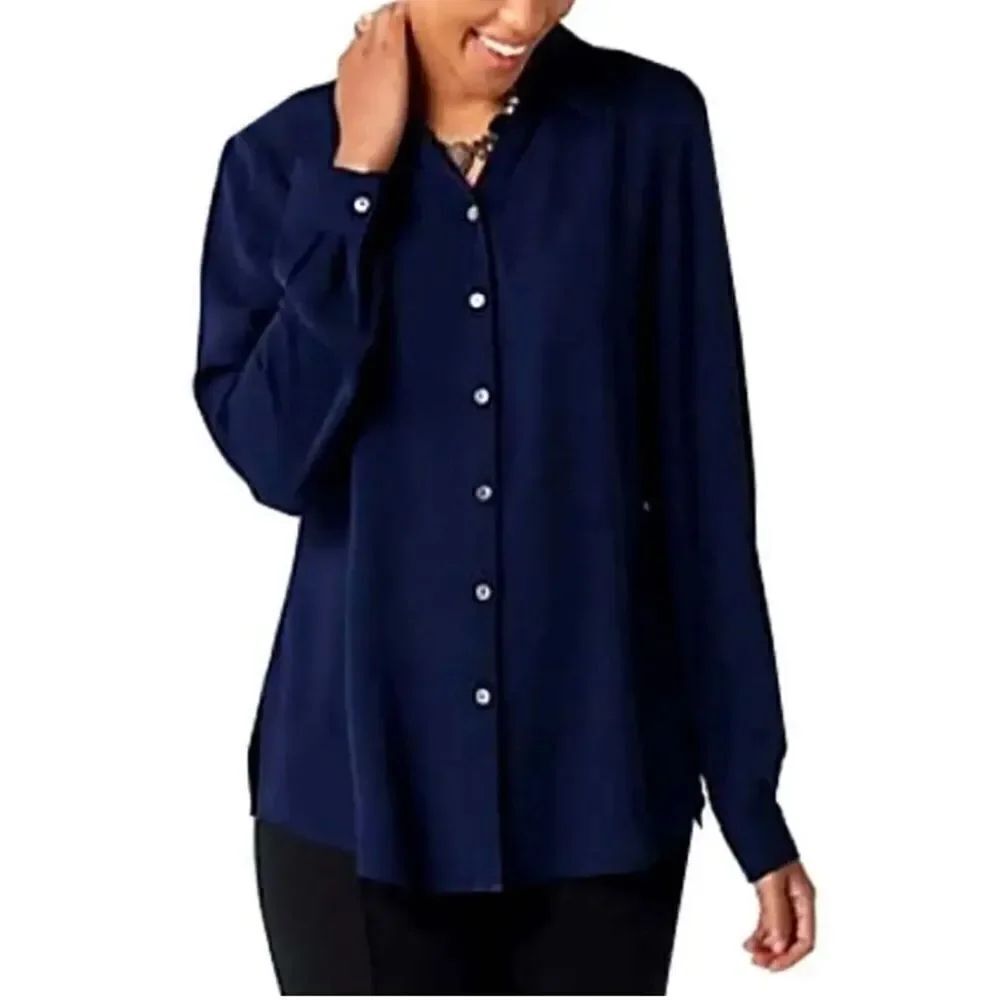 Susan Graver Woven Y-Neck Button Front Shirt